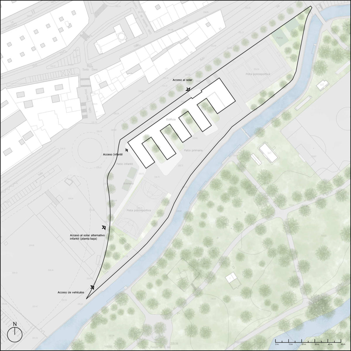 Modelo exterior del proyecto. Volúmenes de aulas perpendiculares a la pieza longitudinal.