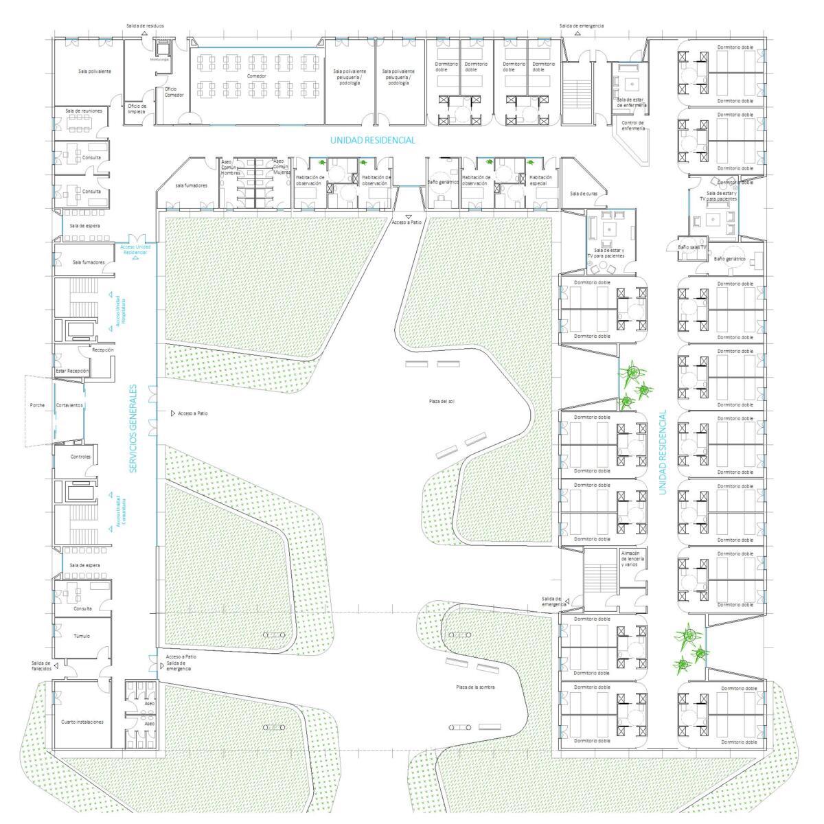 Planta general del centro. Tipología de casa patio con jardín central y unidades residenciales.