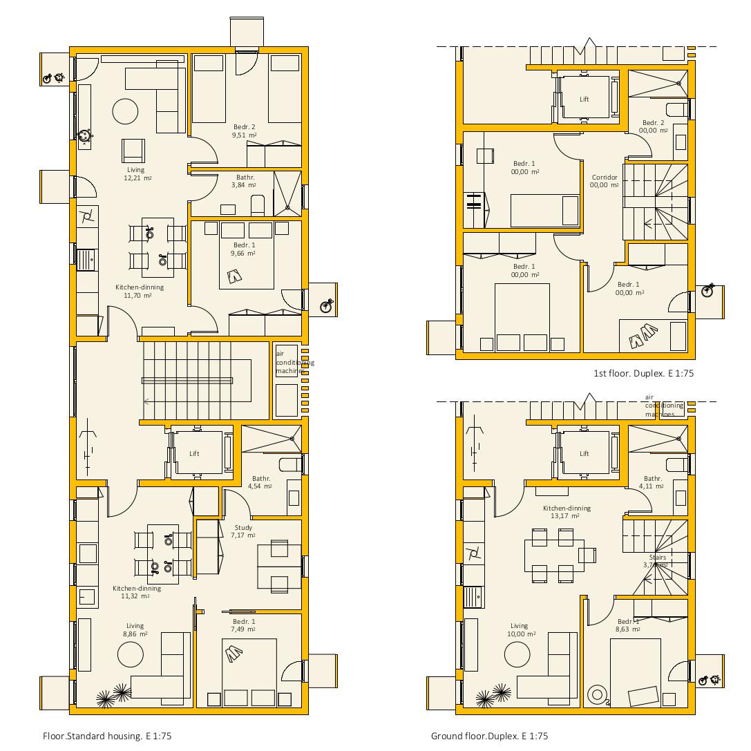 Planta de viviendas. Detalle de la distribucion interior de las unidades habitacionales.