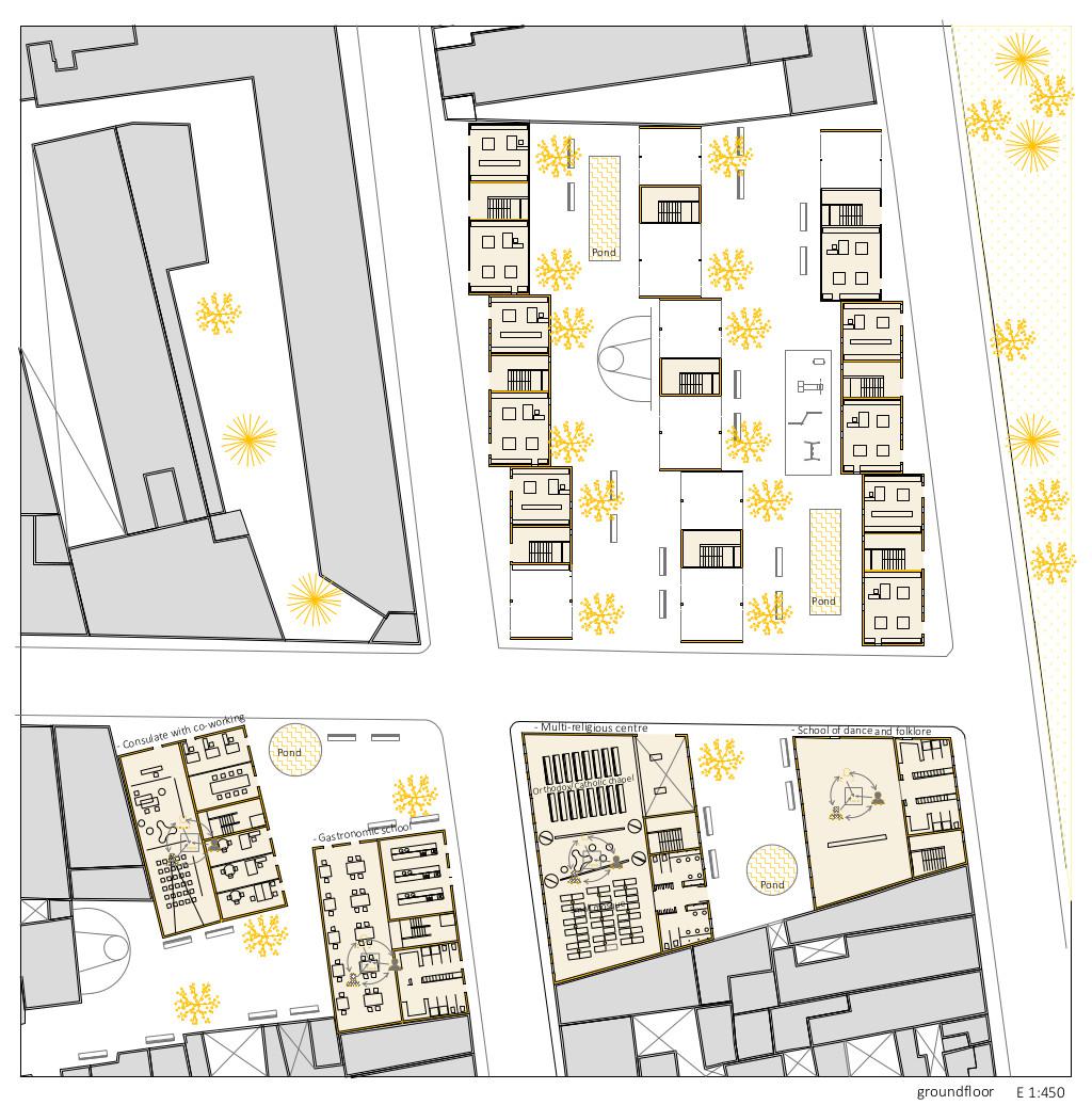 Planta baja general. Distribucion de usos y espacios comunes en planta baja.