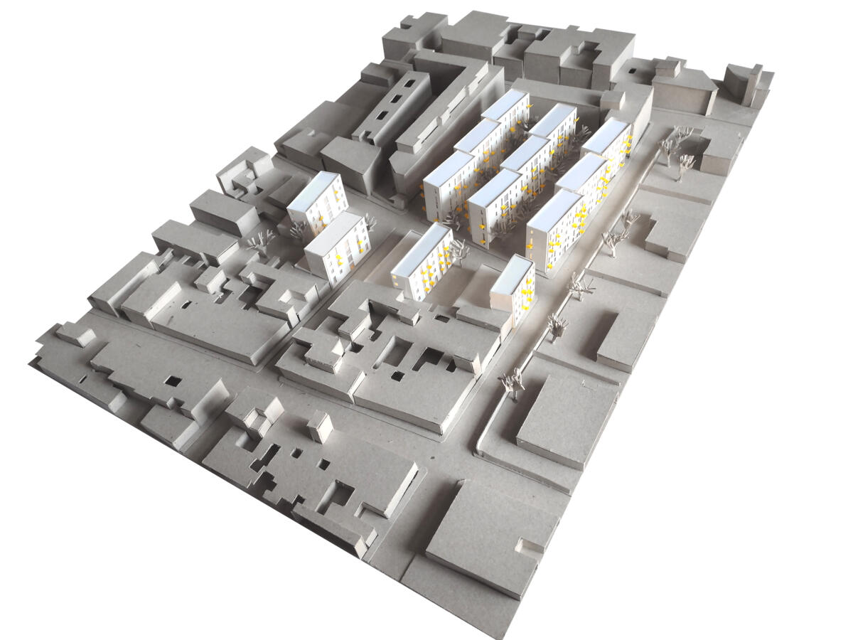 Maqueta del proyecto. Representacion tridimensional del conjunto edificado.