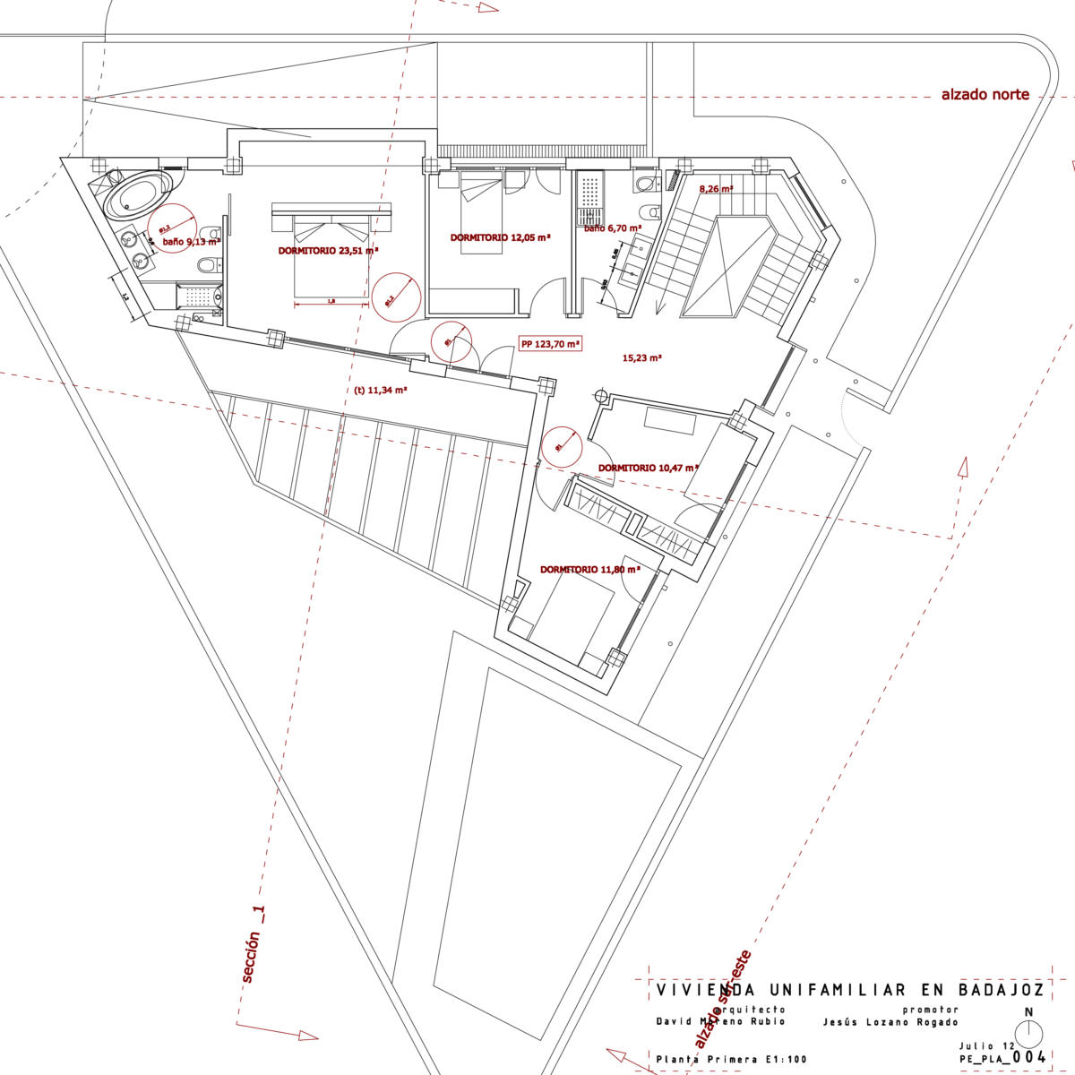Planta primera. Zona de dormitorios con vistas al jardín.