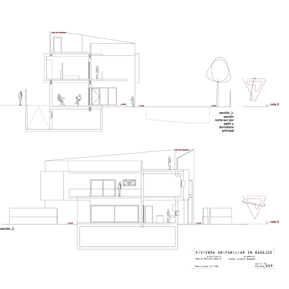 Secciones. Relación entre los espacios interiores y el jardín en diferentes niveles.